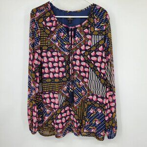 JM‎ Collection Geometric Navy Blue Pink Sheer Sleeve Mesh Blouse Top Shirt XXL